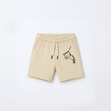 BEIGE CAT PRINT SHORTS FOR UNISEX